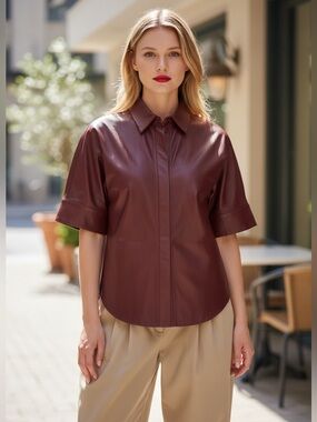 Gucci Burgundy Short-Sleeve Leather Button-Down Shirt